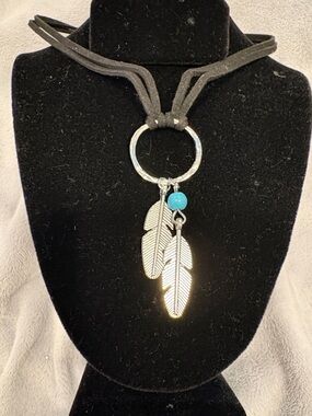 Silver Feather Pendant Necklace with Turquoise Bead - Black Suede Cord